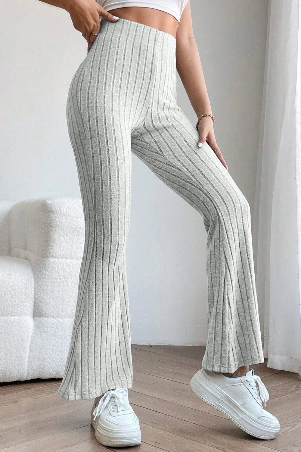 0N SALE:::Full Size Ribbed High Waist Flare Pants (black/blue/teal/grey)-SMALL-3XL