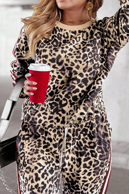 Plus Size Leopard Round Neck Top and Pants Set (camel/pastel yellow/white)-1XL-5XL