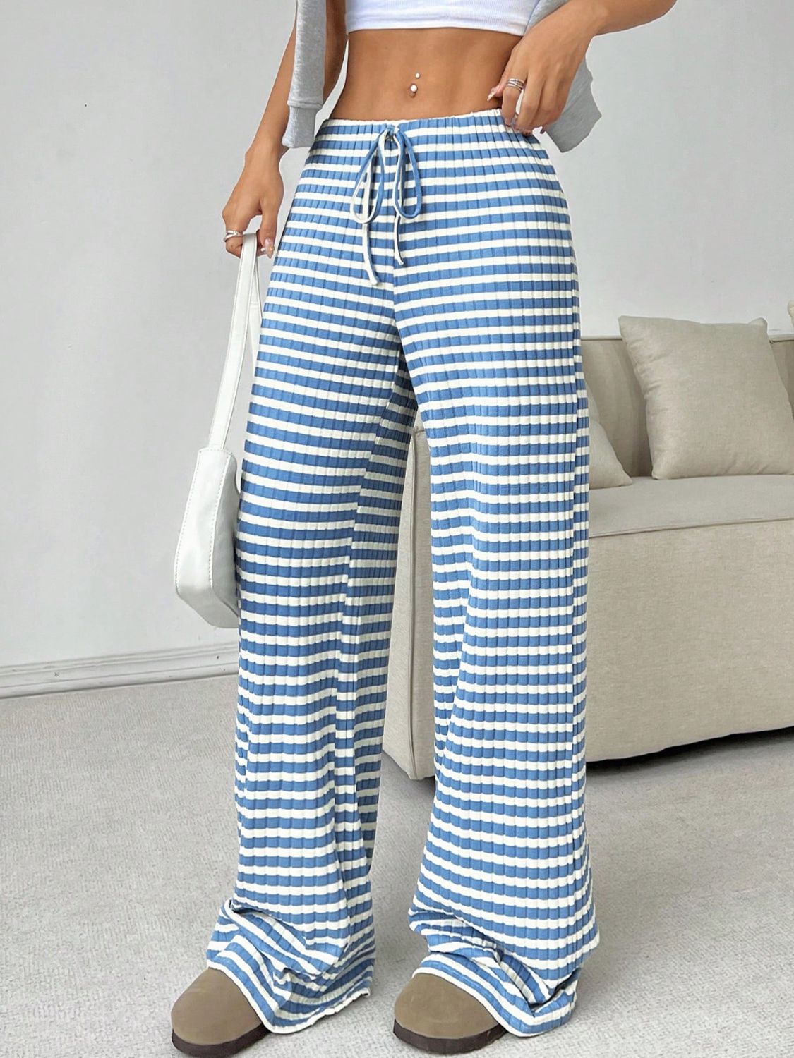 Tied Striped Wide Leg Pants (pink/grey/black/blue/taupe)-SMALL-2XL
