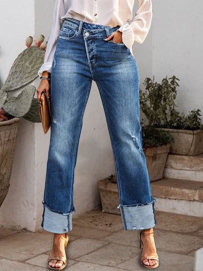 Stepped Waist Raw Hem Rolled Straight Jeans-SMALL-XL