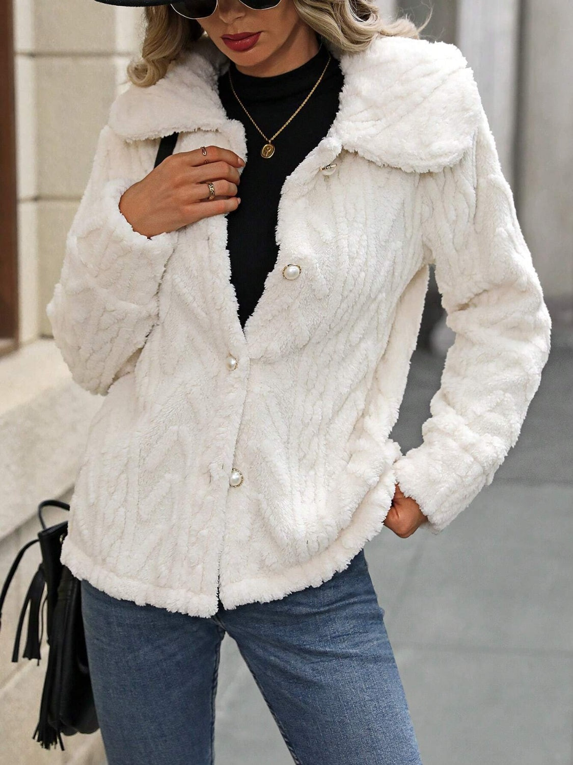 Fuzzy Texture Button Up Collared Neck Coat-SMALL-XL