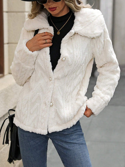 Fuzzy Texture Button Up Collared Neck Coat-SMALL-XL
