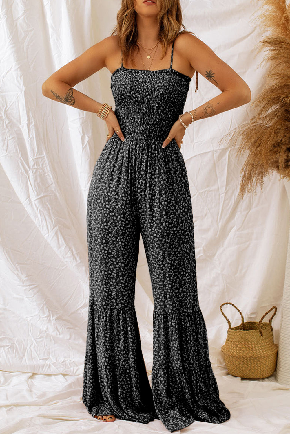 Floral Spaghetti Strap Wide Leg Jumpsuit-SMALL-XL