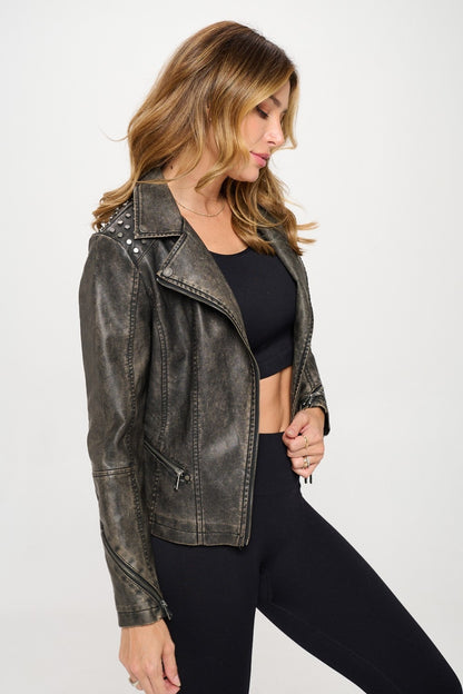 Studded Classic Moto Brown Vegan Leather Jacket-SMALL-XL