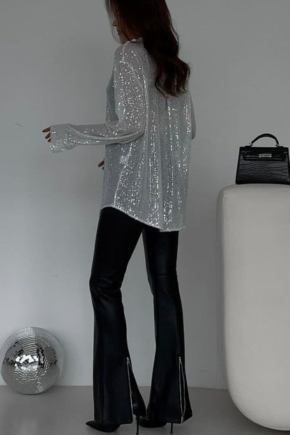 Sequin Button Up Long Sleeve Shirt (black/white/cream)-SMALL-2XL
