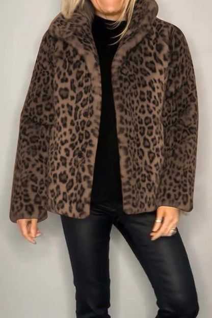 Full Size Leopard Fur Collared Neck Long Sleeve Coat (camel/grey/blue/cerise or red/pink)-SMALL-3XL