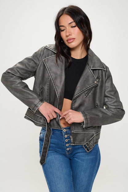 Coalition LA Zip Up Biker Vegan Leather Jacket with Belt-S-XL