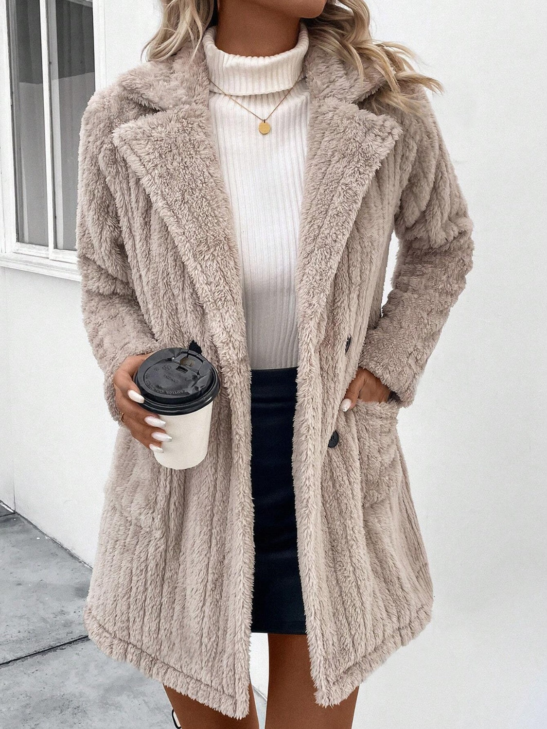 Fuzzy Button Up Long Sleeve Fur Coat with Pockets-SMALL-XL
