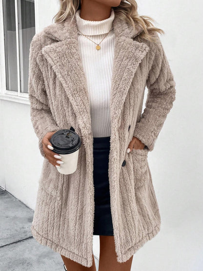 Fuzzy Button Up Long Sleeve Fur Coat with Pockets-SMALL-XL