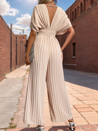 Pleated Short Sleeve Wide Leg Jumpsuit-SMALL-XL