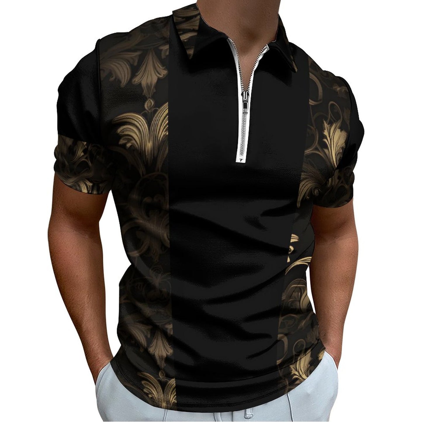 BLACK & GOLD ACCENT Short Sleeve POLO Shirt with Zipper-*2XS-6XL
