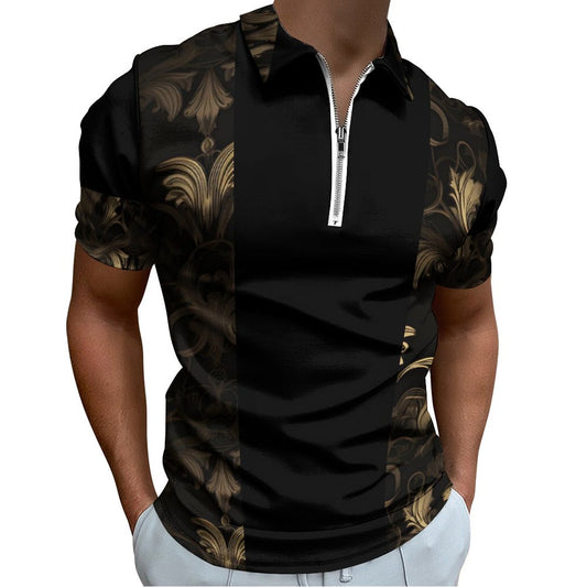 BLACK & GOLD ACCENT Short Sleeve POLO Shirt with Zipper-*2XS-6XL
