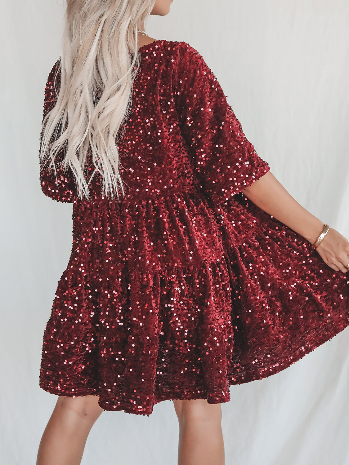 Full Size Sequin Round Neck Half Sleeve Mini Dress-SMALL-3XL (Many colors)