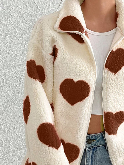 Heart Zip Up Drop Shoulder Furry Jacket (red/brown/black)-SMALL-2XL