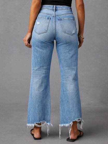Distressed Raw Hem Jeans with Pockets-SMALL-2XL