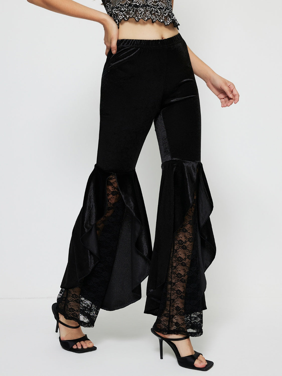 Velvety High Waist Lace Flare Pants-SMALL-XL