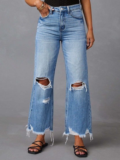 Distressed Raw Hem Jeans with Pockets-SMALL-2XL