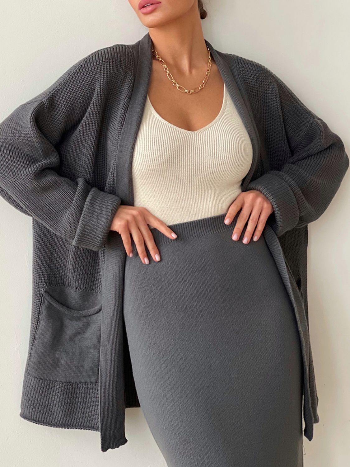 Pocketed Long Sleeve Cardigan and Skirt Sweater Set (cream/camel/lt. green/grey/black) ONE SIZE