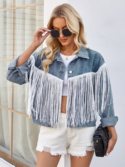 Tassel Button Up Dropped Shoulder Denim Jacket-SMALL-XL (blue or black)