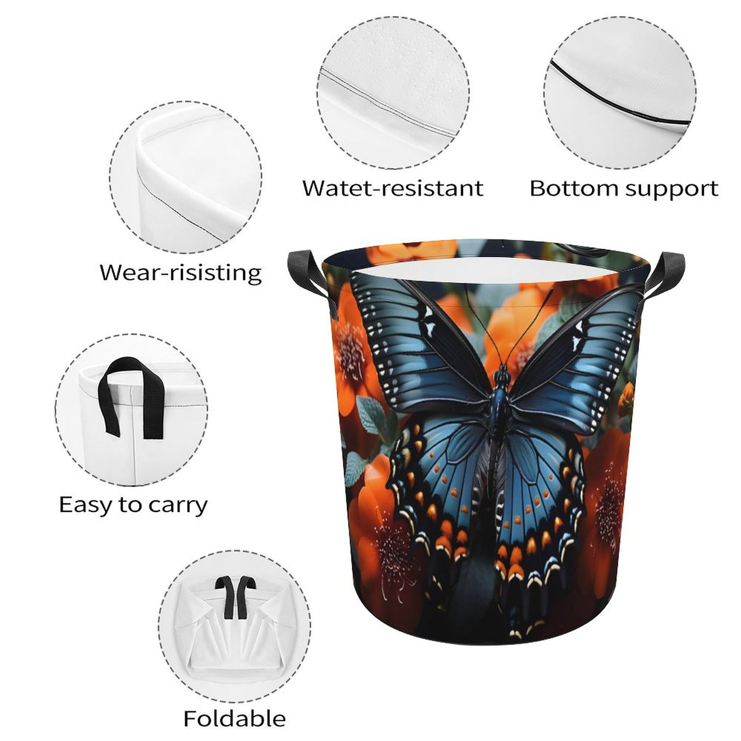 Oxford Collapsible Laundry Basket-BLUE BUTTERFLY