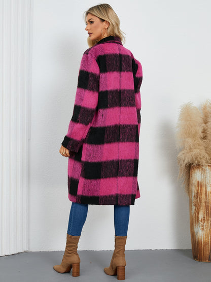 Plaid Double-Breasted Long Sleeve Coat (black/hot pink)-SMALL-XL