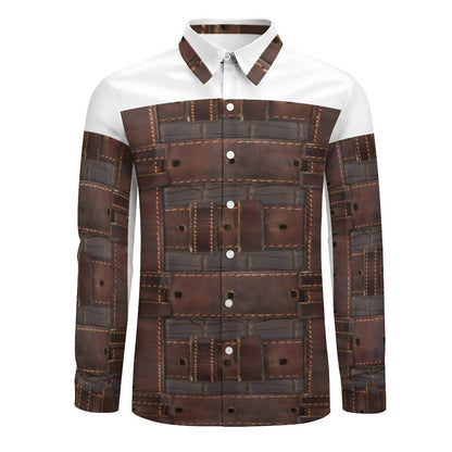 RUGGED LEATHER BUCKLE Print Linen Men Long Sleeve Shirt with Pocket-*XS-7XL