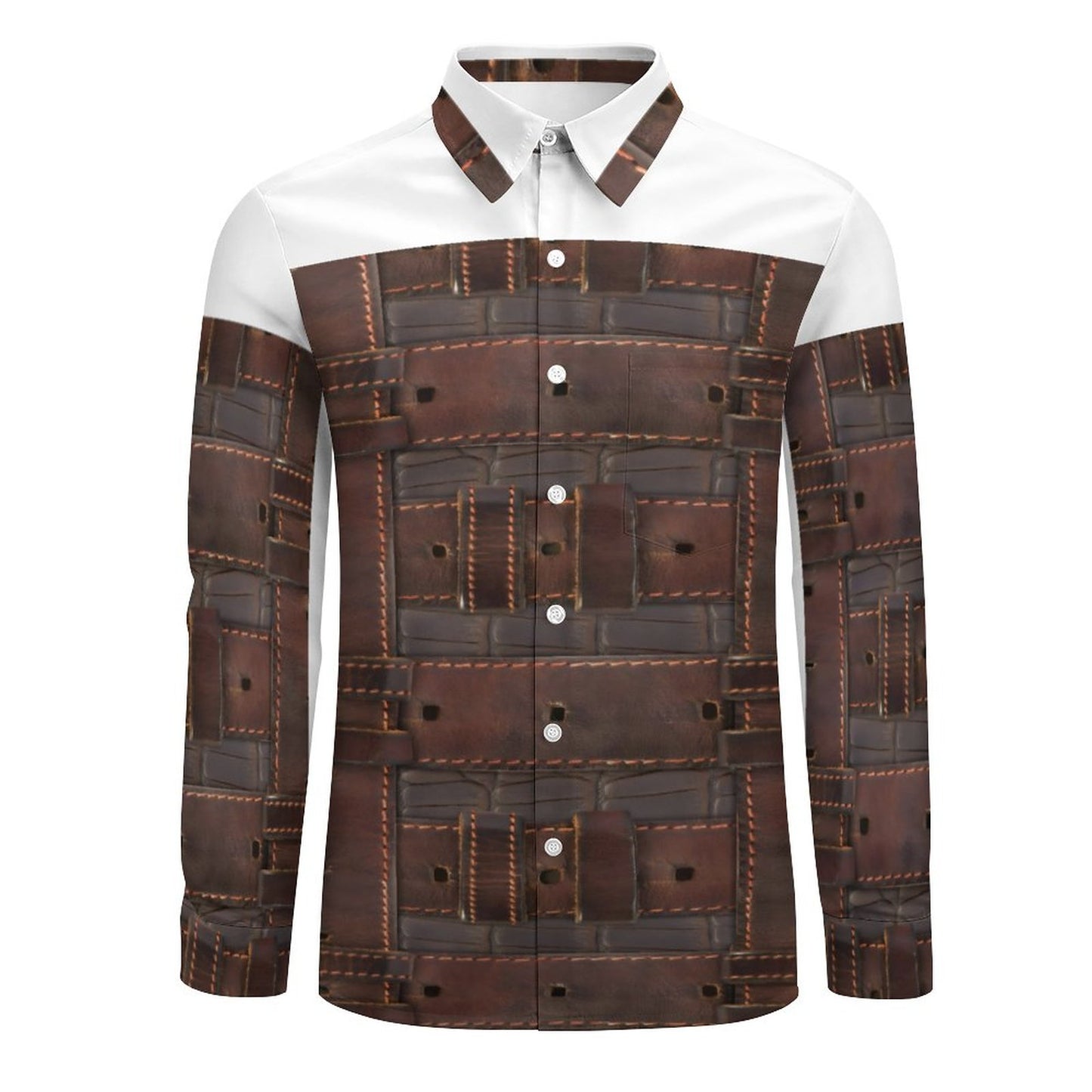 RUGGED LEATHER BUCKLE Print Linen Men Long Sleeve Shirt with Pocket-*XS-7XL