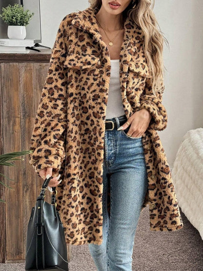 Leopard Furry Button Up Long Sleeve Full Coat-SMALL-XL