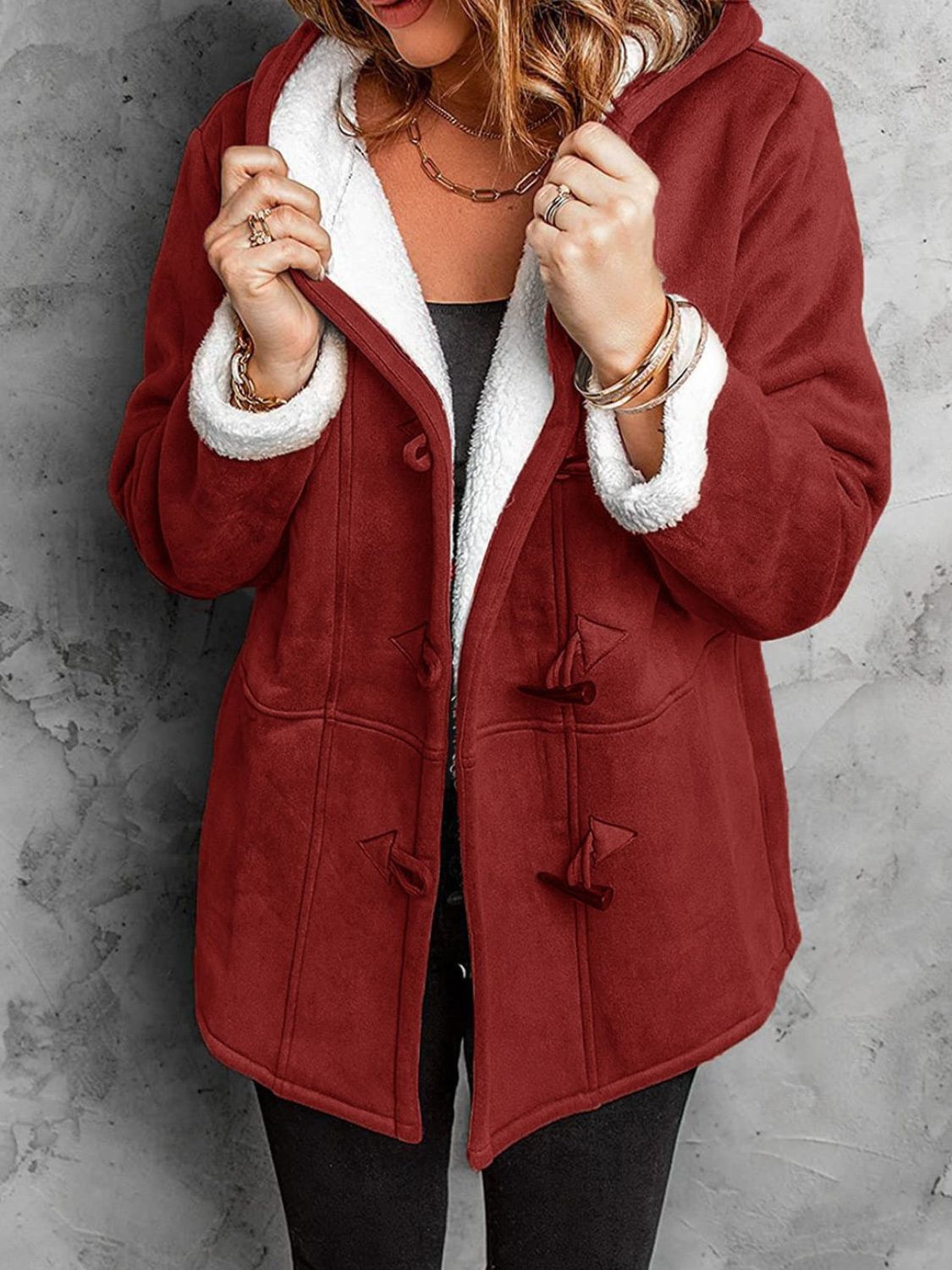Full Size Pocketed Long Sleeve Hooded Toggle Jacket (many colors) -*SMALL-5XL