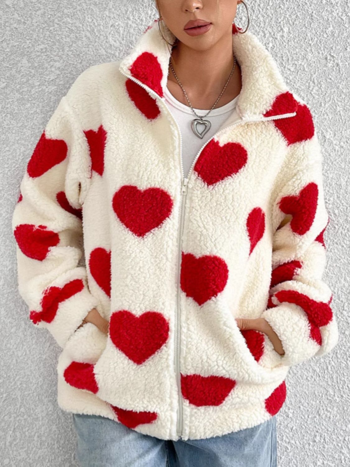 Heart Zip Up Drop Shoulder Furry Jacket (red/brown/black)-SMALL-2XL