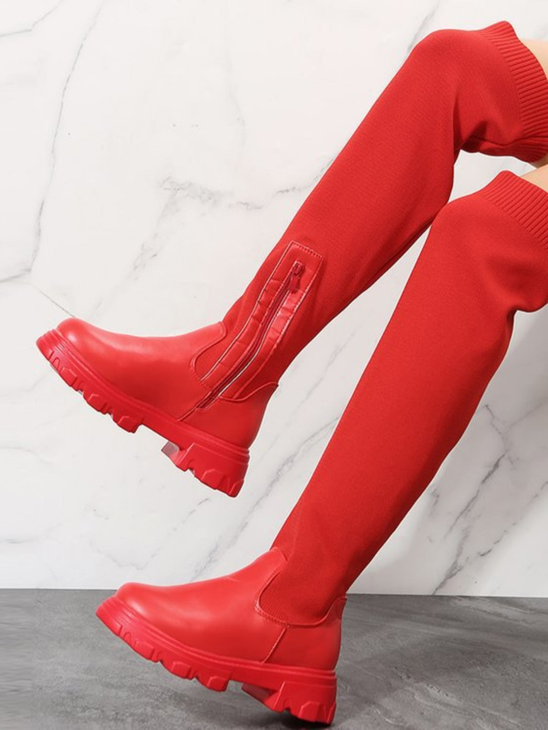 PU Leather Round Toe Platform Boots (red/black/beige/black & red)