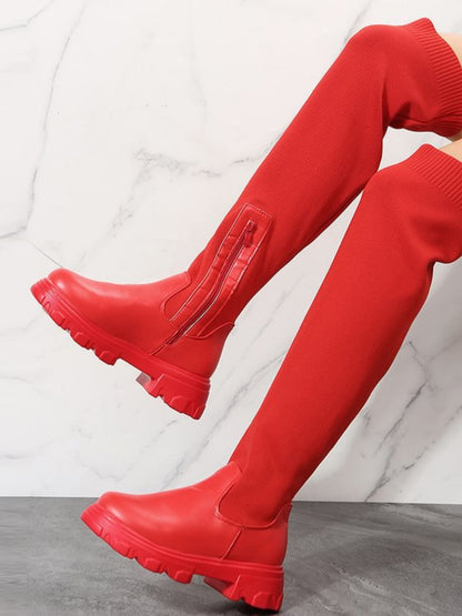 PU Leather Round Toe Platform Boots (red/black/beige/black & red)