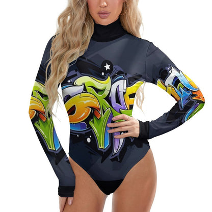 COLORFUL GRAFFITI High-collar Long-sleeve Bodysuit-SMALL-2XL