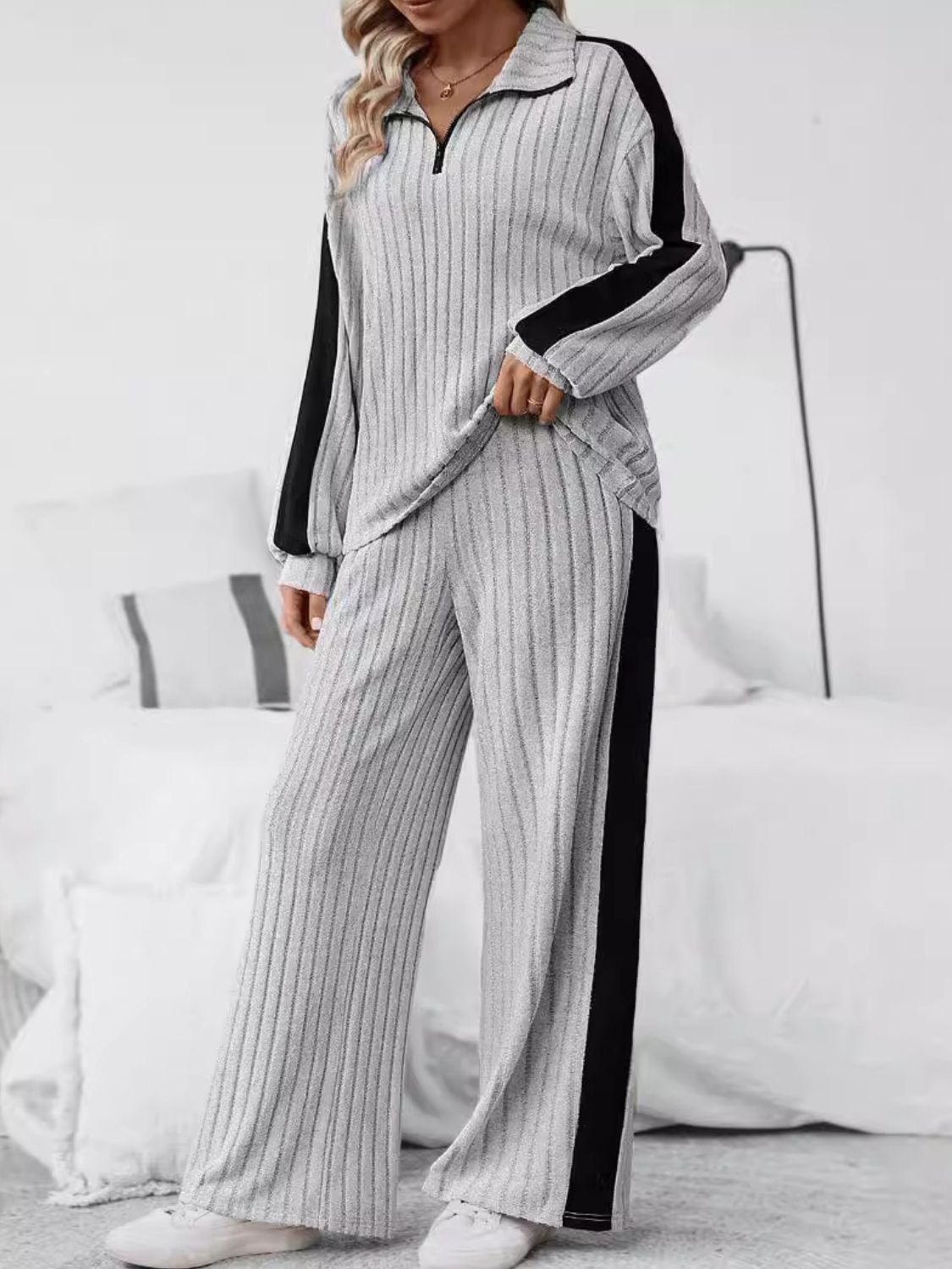 Plus Size Half Zip Long Sleeve Top and Pants Set-XL-5XL