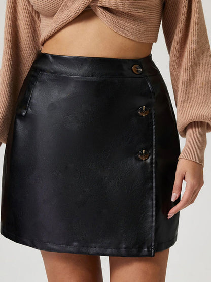 PU Leather Buttoned High Rise Mini Skirt (black/burgundy)-S-XL