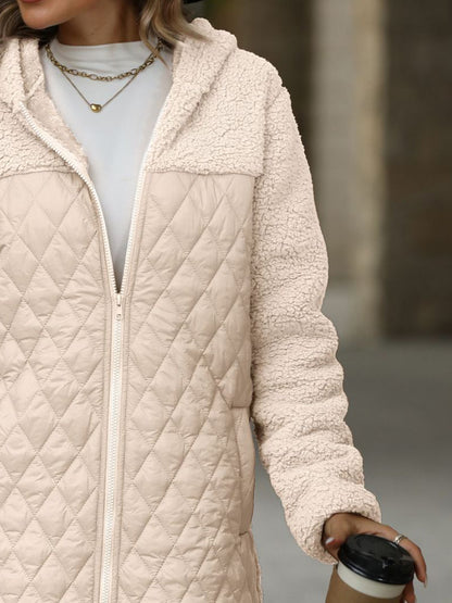 Texture Zip Up Long Sleeve Hooded Coat (caramel/off white/black/green)-SMALL-2XL)