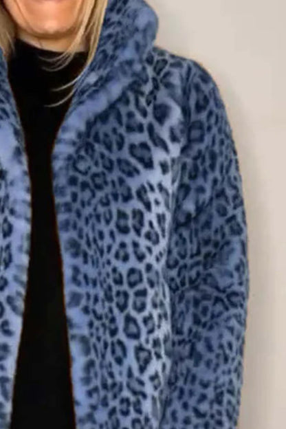 Full Size Leopard Fur Collared Neck Long Sleeve Coat (camel/grey/blue/cerise or red/pink)-SMALL-3XL