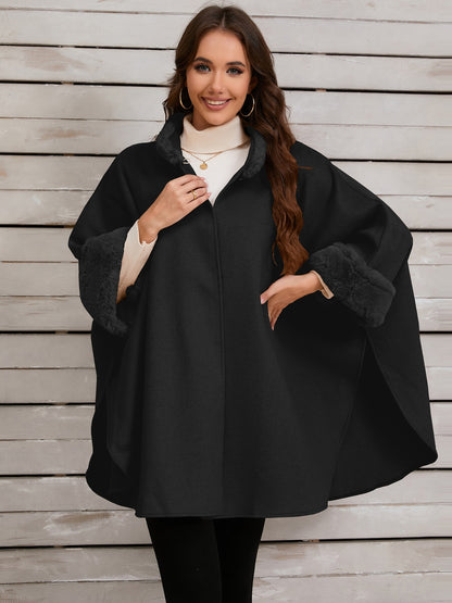 Fuzzy Trim Long Sleeve Poncho (tan/grey/black)