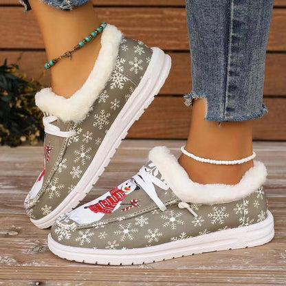 Snowman Print Round Toe Slip-On Loafers (khaki/light blue)
