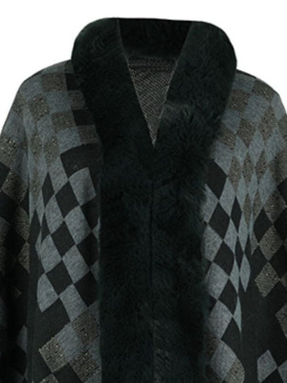 Fuzzy Checkered Long Sleeve Poncho (beige/tan/pink/navy/black)