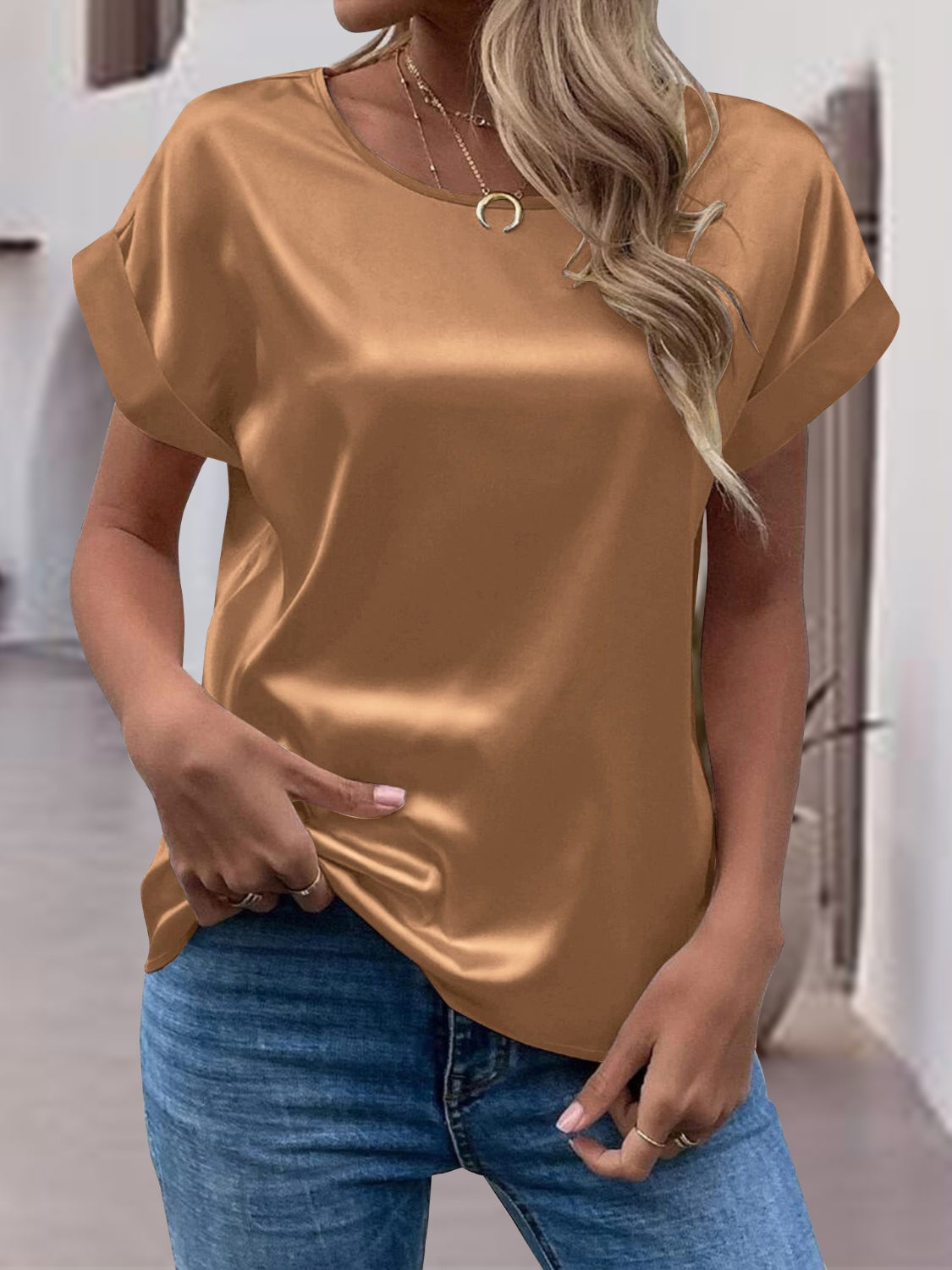 Satin Round Neck Short Sleeve Blouse (black/white/royal blue/lilac/pink/blue/burgundy/green)-SMALL-2XL