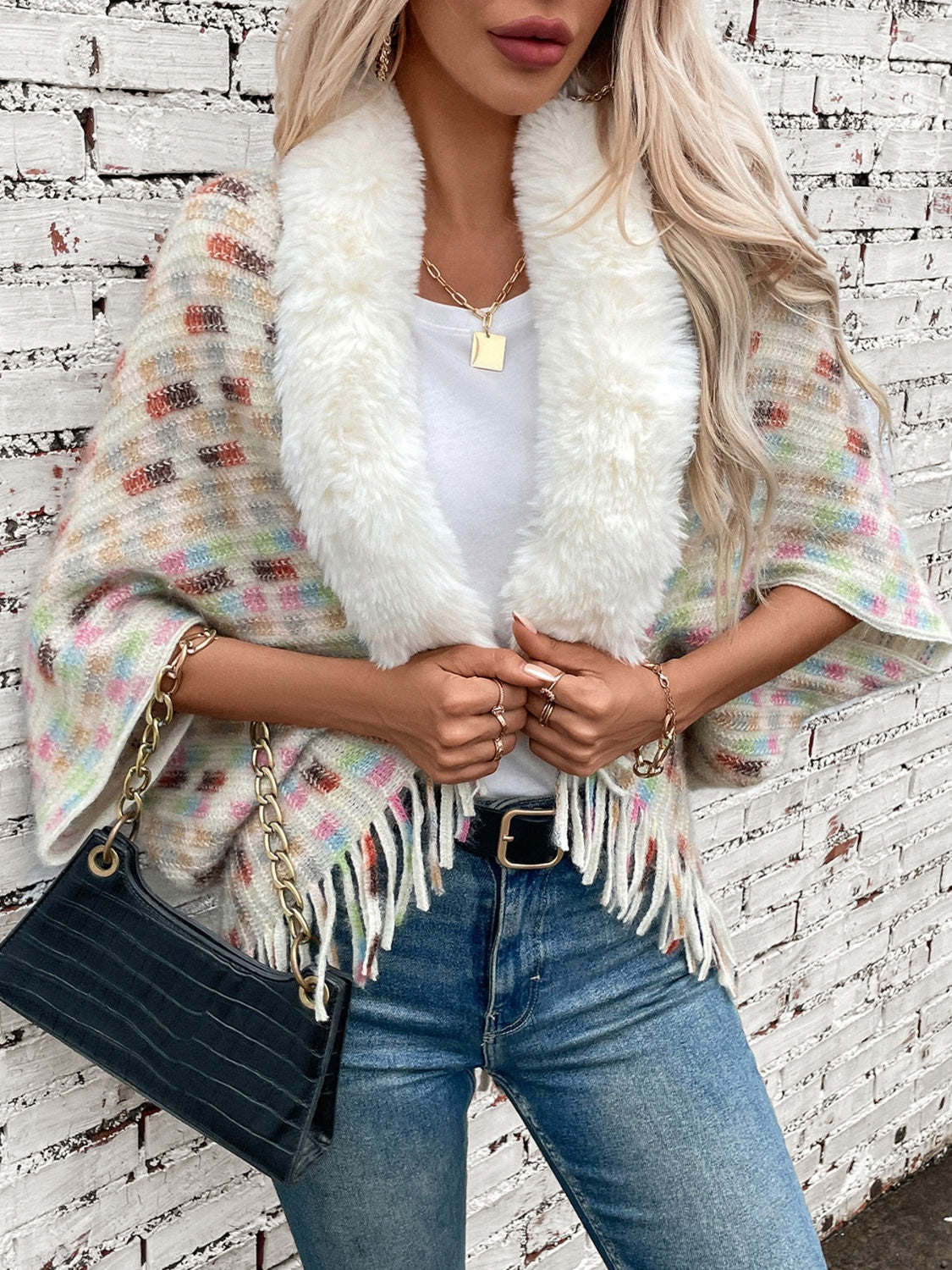 Fringe Fuzzy Open Front Poncho (cream/pink/brown/blue/khaki) ONE SIZE