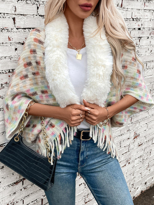Fringe Fuzzy Open Front Poncho (cream/pink/brown/blue/khaki) ONE SIZE