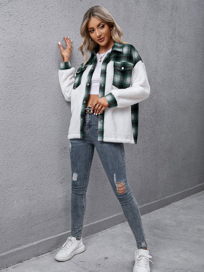 Ivy Lane Plaid Collared Neck Button Down Jacket-SMALL-XL