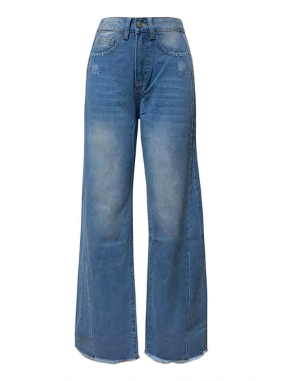 Raw Hem Wide Leg Jeans with Pockets-SMALL-XL